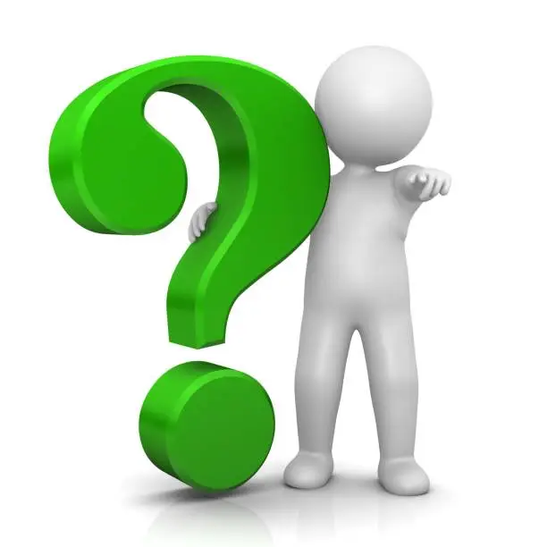 question mark color green three dimensional  stick figure white color oneperson pointinig