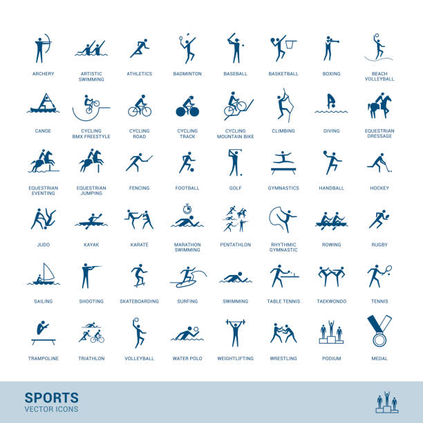 Sports disciplines icons Sports disciplines icons  with vector stick figure symbol pentathlon stock illustrations