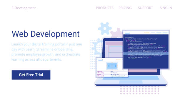 Web Development concept, programming and coding banner. Web Development concept, programming and coding banner. Laptop with virtual screens on white background. markup stock illustrations