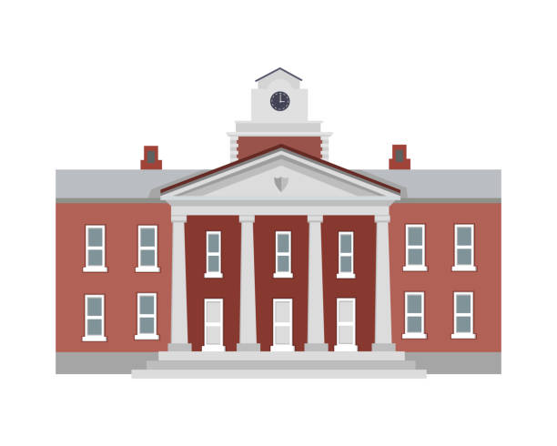Illustration of Isolated Building with Columns Big brown building with four white columns in simple cartoon style isolated illustration. Two floors. Round clock on top of establishment. Front view. Museum. School. College. Flat design. Vector brick illustrations stock illustrations