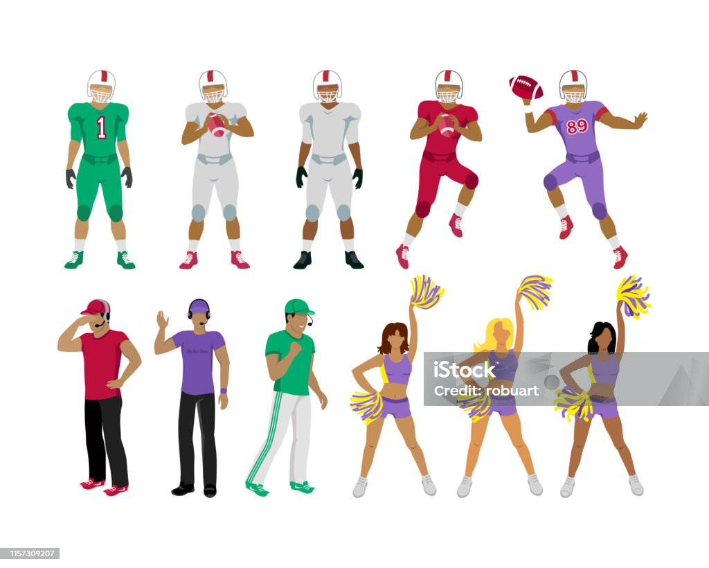 Football Players, Coaches, Cheerleading Girls Collection of icons of american college football players. Three football coaches. Cheerleading girl teams. Three standing men. Two jumping and throwing balls players underneath. Flat design. Vector American Football - Sport stock vector