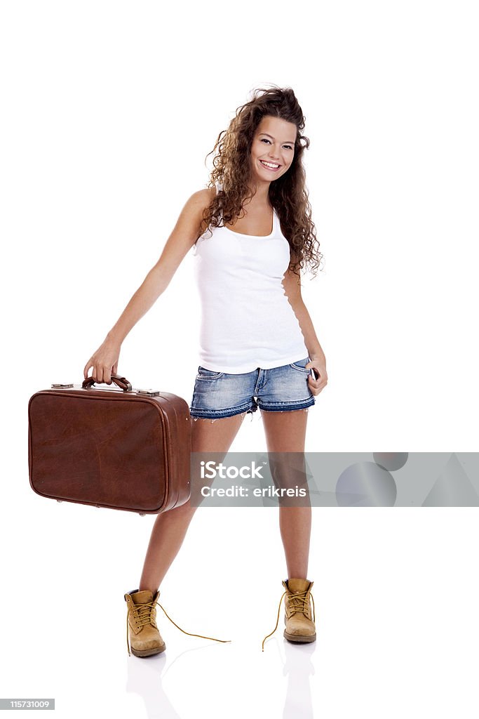 スーツケースを抱えた女の子 - 1人のロイヤリティフリーストックフォト