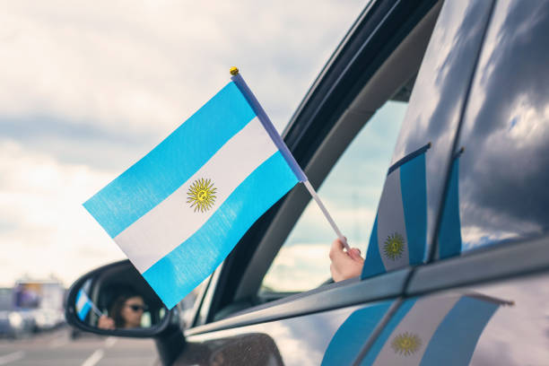 mujer o chica sosteniendo bandera de argentina desde la ventana abierta del coche. concepto - women open traditional culture human hand fotografías e imágenes de stock