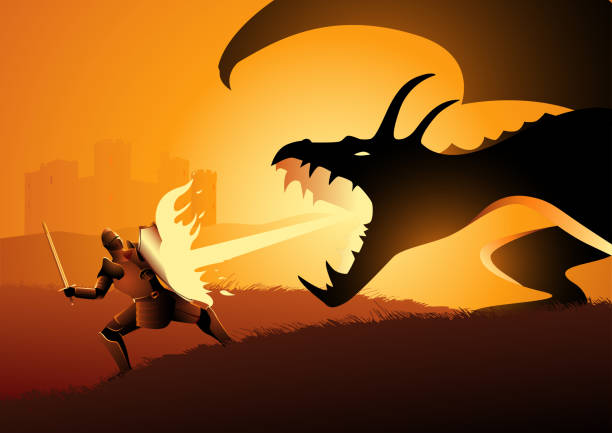 illustrazioni stock, clip art, cartoni animati e icone di tendenza di cavaliere che combatte un drago - draghi