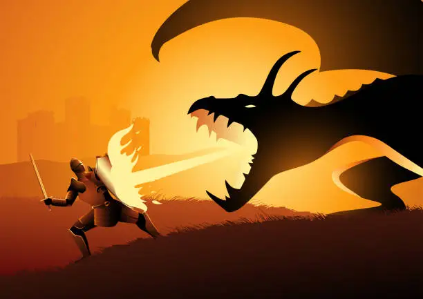 Vector illustration of Knight fighting a dragon