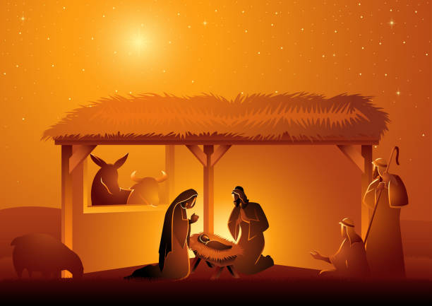 ilustrações de stock, clip art, desenhos animados e ícones de nativity scene of the holy family in stable - religious illustration