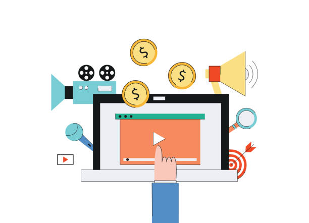 istock Video marketing web concept with laptop and camera, loudspeaker, money and media elements. 1157312068