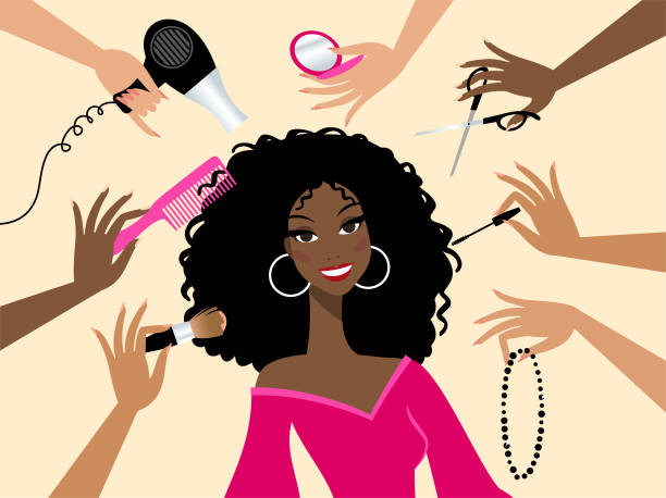 Beauty salon Happy dark skin woman in a beauty salon black hair illustrations stock illustrations