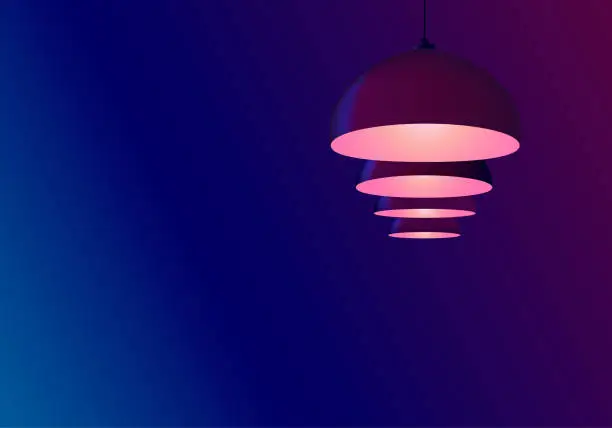 Vector illustration of Abstract neon blue background. Billiard lamps hang in a row. Pendant bulbs  bulbs shine pink. Copy space for text, template.