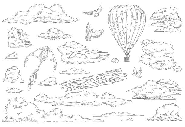 Vector clouds dove pegeon hot air balloon kite set Vector abstract white clouds, doves or pegeons, hot air balloon and colorful kite sketch monochrome black and white icon set. Natural phenomenon and other skyscape design objects. sky kite stock illustrations