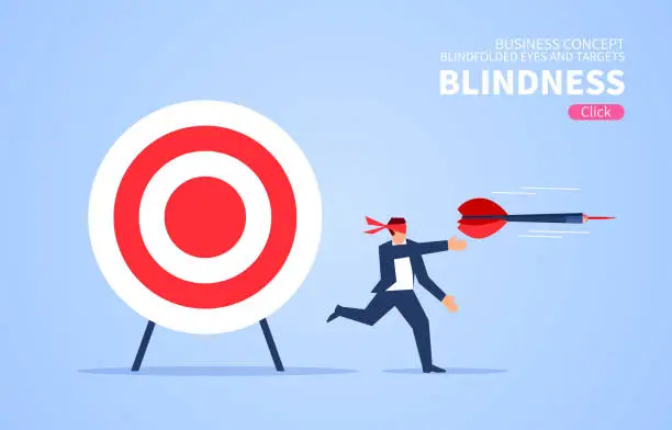 Vector illustration of Blindfolded businessman using darts to shoot target