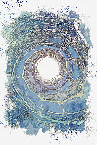 Watercolor sketch or illustration. Initiatic Well in Sintra in Portugal. Ancient underground tower with stone steps.