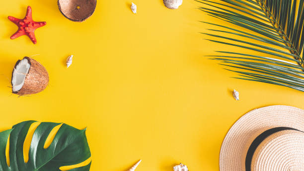 istock Summer composition. Tropical palm leaves, hat, coconut on yellow background. Summer concept. Flat lay, top view, copy space 1157314024