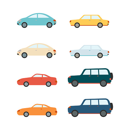 Vector car set. Colored sedans and SUV vehicles collection. Urban cityscape decoration design icons. Passenger trasportation objects, modern cars on isolated background