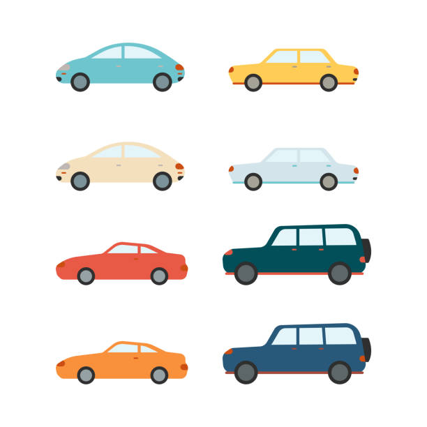 Vector sedans and SUV vehicles and cars set Vector car set. Colored sedans and SUV vehicles collection. Urban cityscape decoration design icons. Passenger trasportation objects, modern cars on isolated background side view illustrations stock illustrations