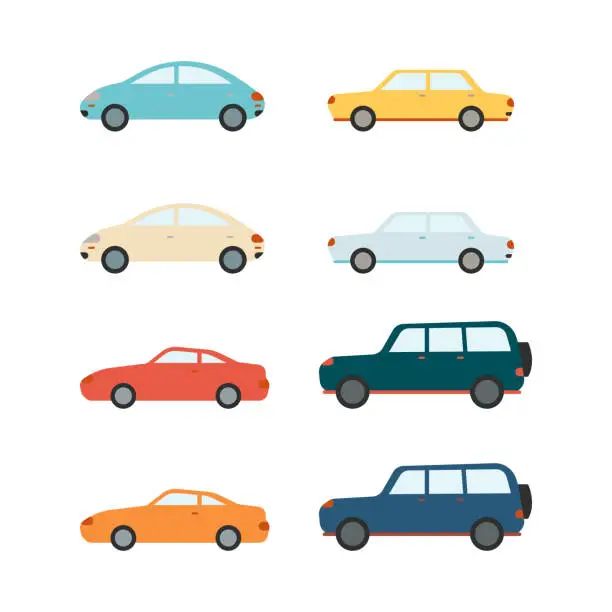 Vector illustration of Vector sedans and SUV vehicles and cars set
