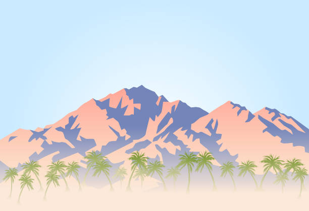 ilustrações de stock, clip art, desenhos animados e ícones de palm trees and hot desert at the foot of the mountain - beautiful tree day rock