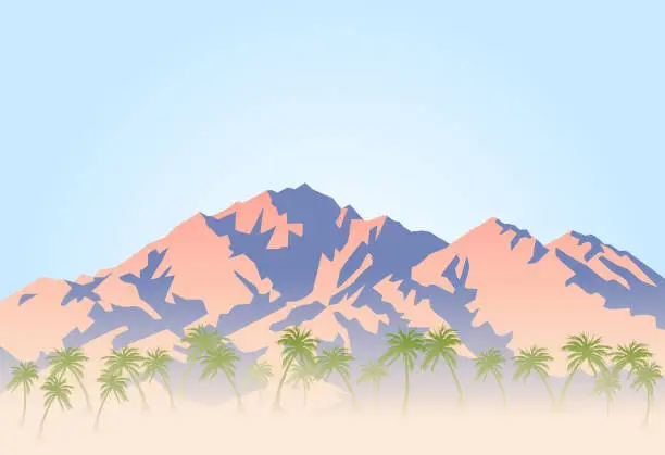 Vector illustration of Palm trees and hot desert at the foot of the mountain