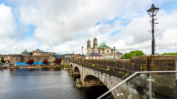 Beautiful view of the bridge over the river Shannon, the parish church of Ss. Peter and Paul and the castle in the town of Athlone stock photo
