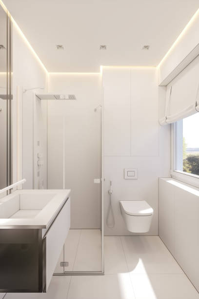 istock 3d illustration of a bathroom in a private cottage. Interior design in white without textures 1157319993