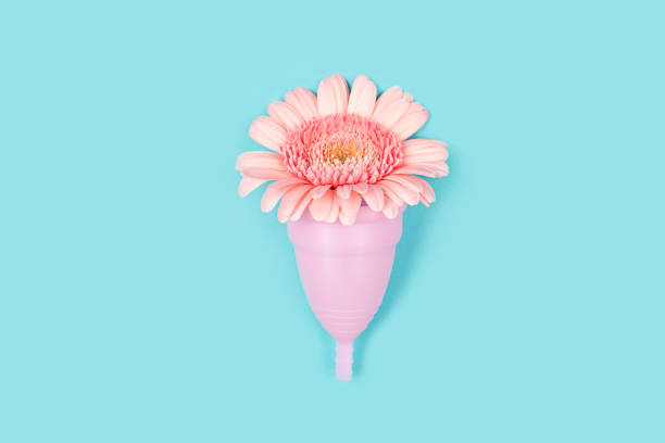 istock Pink menstrual cup and a flower on blue background. 1157320850