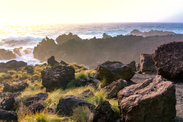 Azores volcanic island coast at sunset