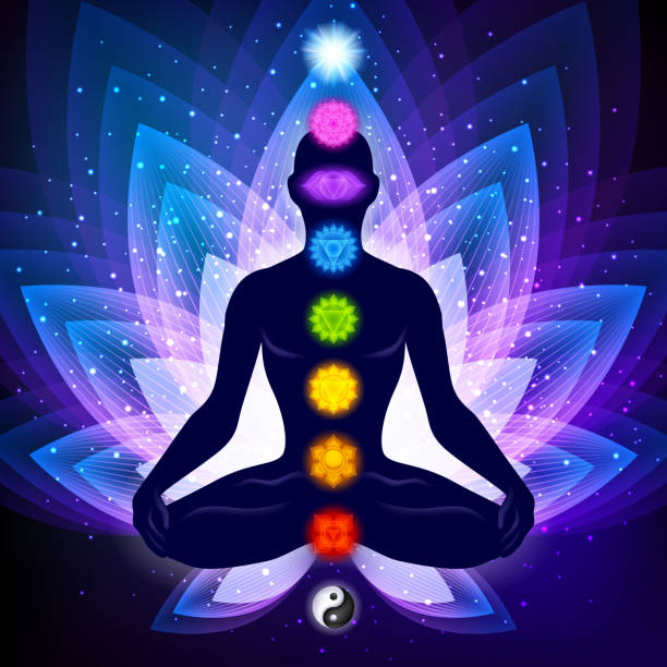 istock Meditating human in lotus pose. Yoga illustration. 1157322650