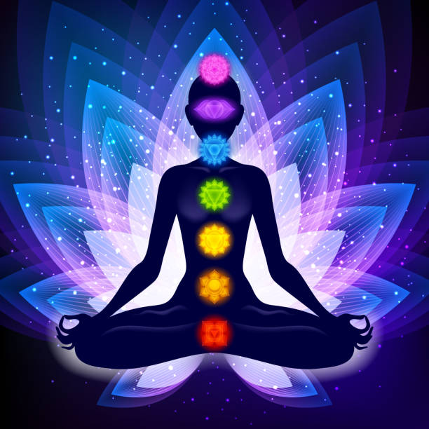meditierende frau in lotuspose. yoga-illustration. - vishuddha stock-grafiken, -clipart, -cartoons und -symbole