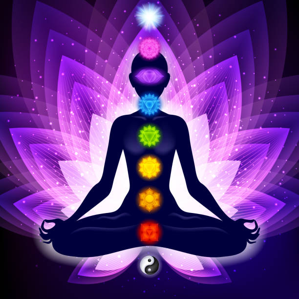 meditierende frau in lotuspose. yoga-illustration. - vishuddha stock-grafiken, -clipart, -cartoons und -symbole