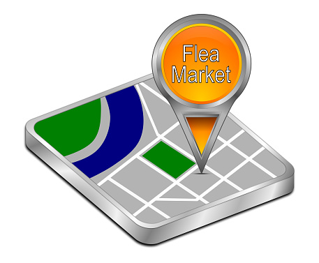 orange map pointer with flea market - 3D illustration