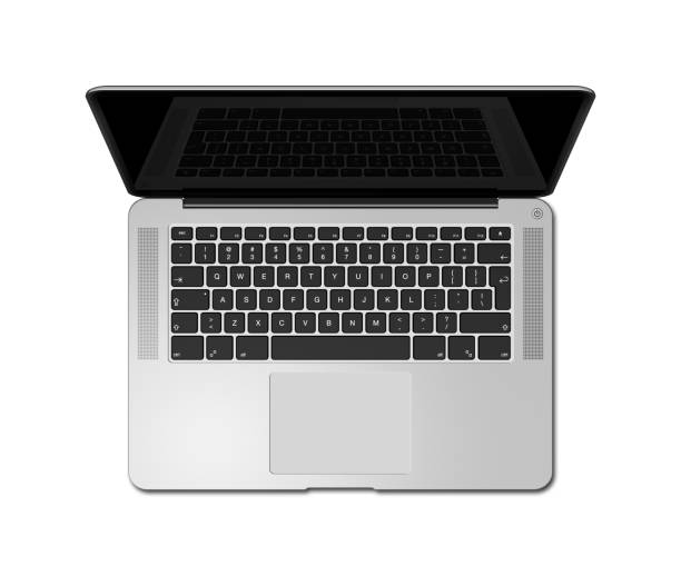 Open laptop top view with black screen, isolated on white. 3D render stock photo