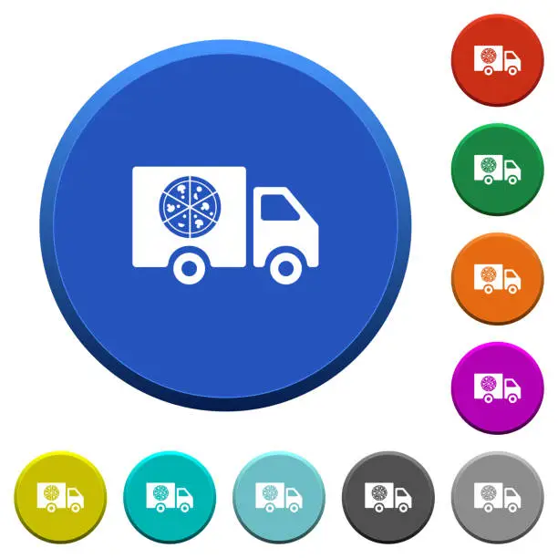 Vector illustration of Pizza delivery truck beveled buttons