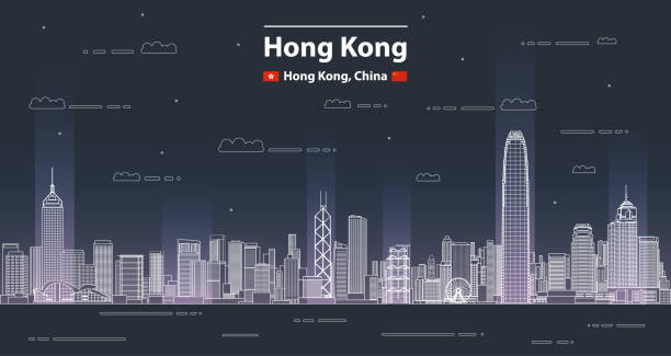 ilustrações, clipart, desenhos animados e ícones de ilustração detalhada da linha da arquitectura da cidade de hong kong do estilo da arte fundo do curso - night sky hong kong architecture