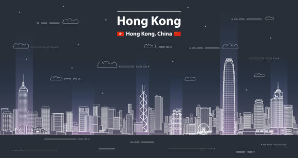 abstract Hong Kong cityscape line art style vector detailed illustration. Travel background vector art illustration