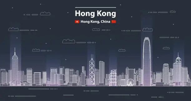 Vector illustration of abstract Hong Kong cityscape line art style vector detailed illustration. Travel background