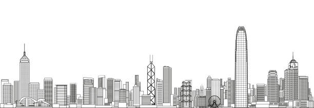 ilustraciones, imágenes clip art, dibujos animados e iconos de stock de abstracto hong kong cityscape line art style vector de ilustración detallada. antecedentes de viaje - hong kong asia skyline night