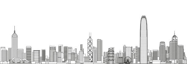 ilustrações, clipart, desenhos animados e ícones de ilustração detalhada da linha da arquitectura da cidade de hong kong do estilo da arte fundo do curso - night sky hong kong architecture