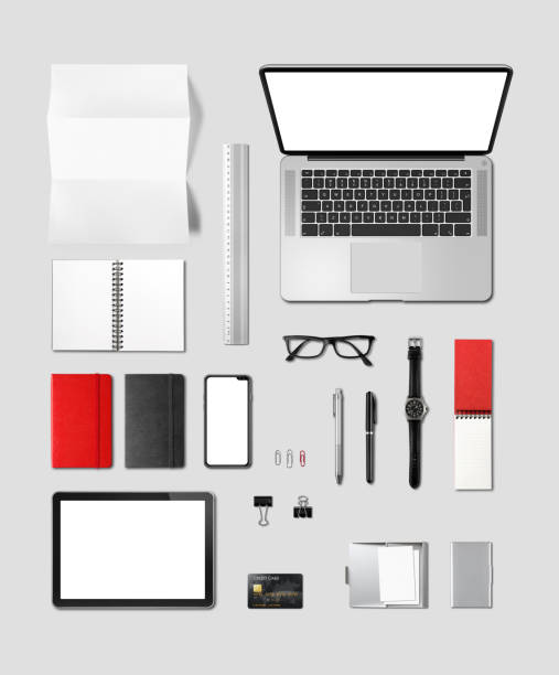 istock Office desk branding mockup top view isolated on grey 1157327081