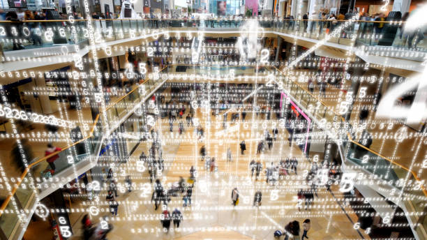 Data matrix filling a shopping mall. 3d grid of numbers fills up the atrium of a shopping centre. digital price stock pictures, royalty-free photos & images
