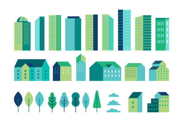 간단한 최소한의 기하학적 플랫 스타일의 일러스트 레이션 벡터 세트 - 도시 풍경 요소 - 건물및 나무 - 웹 사이트, 배너, 표지에 대한 헤더 이미지 배경에 대한 도시 생성자 - 도시 stock illustrations