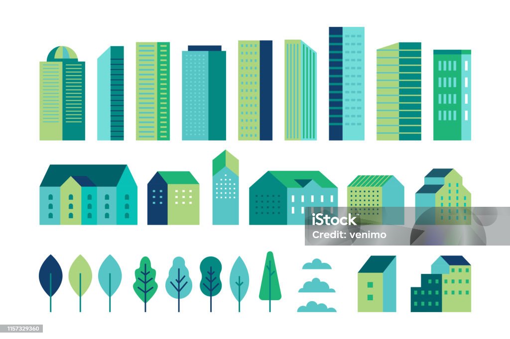 向量插圖集在簡單的最小幾何平面風格 - 城市景觀元素 - 建築物和樹木 - 城市建設者為網站,橫幅,封面的頭條圖像的背景 - 免版稅城市圖庫向量圖形