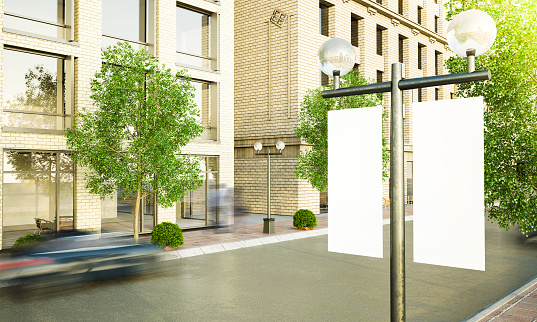 two lamppost on the street 3d rendering mockup