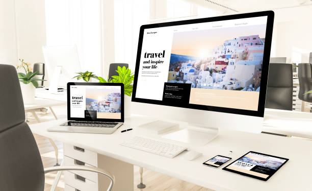 istock responsive devices showing responsive travel web design website in loft office mockup 1157329552