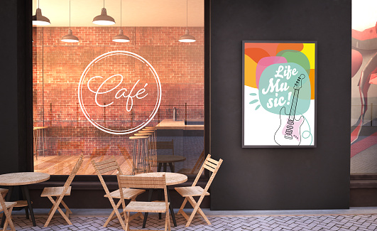 cafe facade mockup with glass wall and live music poster 3d rendering