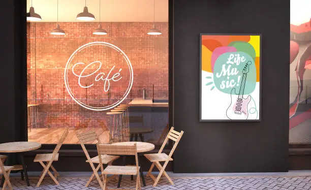 Photo of cafe facade mockup with branding wall and live music poster