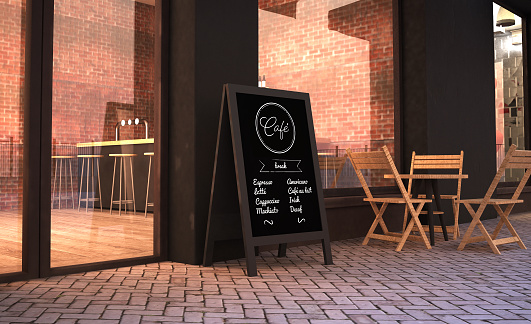 blackboard stand on cafe facade 3d rendering mockup