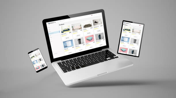 온라인 상점 웹 사이트를 보여주는 비행 태블릿, 노트북 및 휴대 전화 - 쇼핑 이미지 뉴스 사진 이미지