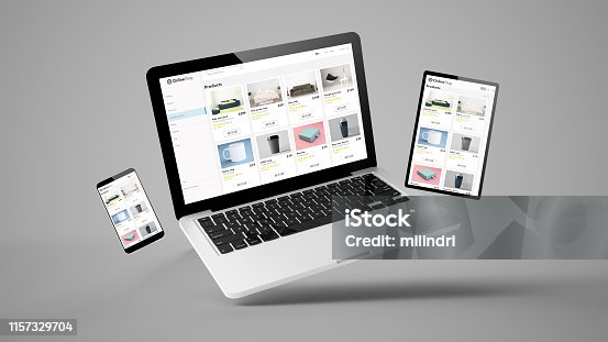 istock flying tablet, laptop and mobile phone showing online shop website 1157329704