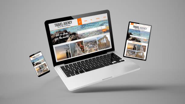 flying tablet, laptop and mobile phone showing travel agency responsive web design flying laptop, mobile and tablet 3d rendering showing travel agency responsive web design homepage stock pictures, royalty-free photos & images