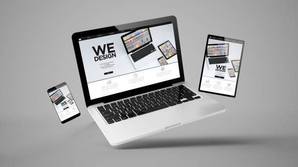 flying tablet, laptop and mobile phone showing mobile design website - web design imagens e fotografias de stock